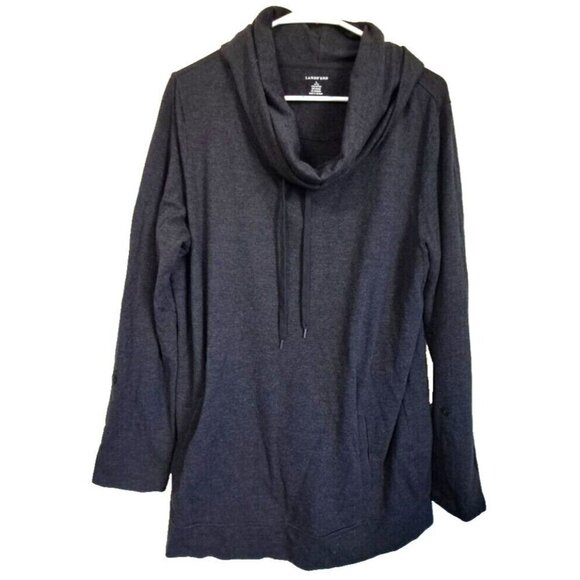 Lands' End Women's L Gray Cowl Neck Pullover Tunic Long Roll Tab Sleeves Pockets - Picture 1 of 12